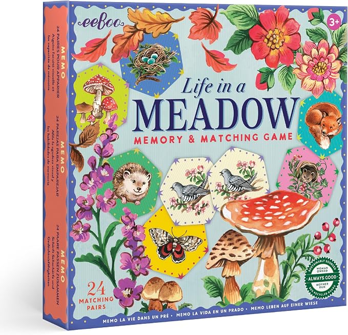 eeBoo Life in a Meadow Memory & Matching Game, Ages 3+, 1-4 Players | Introduces woodland flora & fauna. Sharpens recognition, concentration & memory skills. Includes 48 hexagonal tiles, 24 pairs