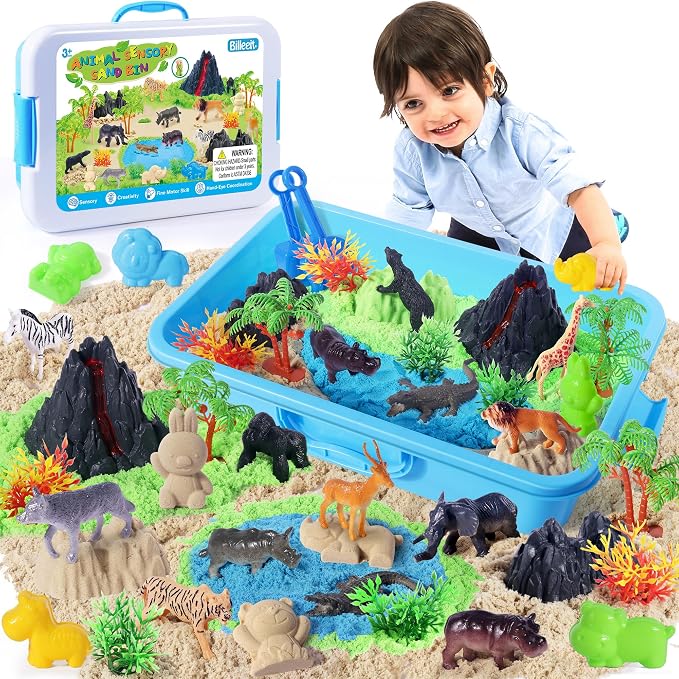 Billeeit. Animal Sensory Bin Sand Toy | Play Sand Kit w/lid and 2.2lbs Moldable Sensory Sand, Molds, Tools, Map Set 30+pcs Total, Fun Gifts for Kids 3+