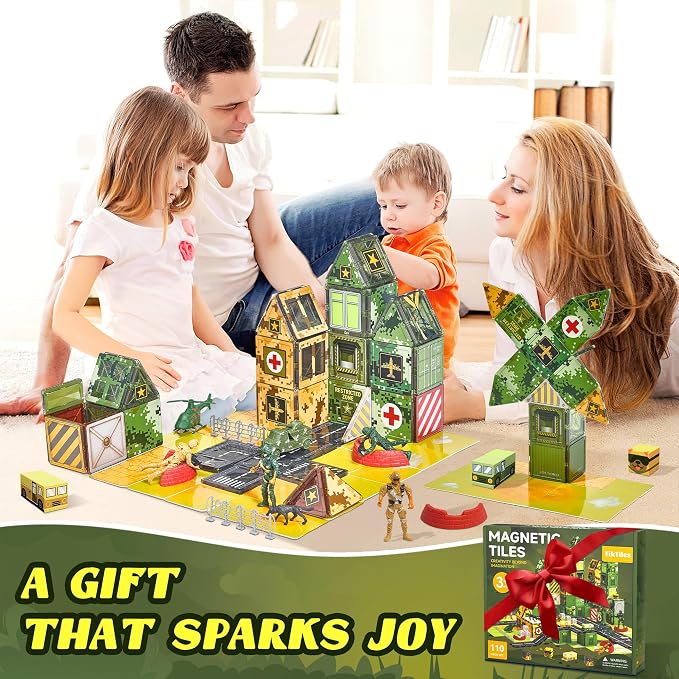Magnetic Tiles Road Building Toys Set with Magnetic Blocks and Army Toys Accessories, Military Magnetic Blocks for Kids Ages 3-5 4-8, STEM Educational Sensory Magnet Toys Birthday Gifts for Boys Girls