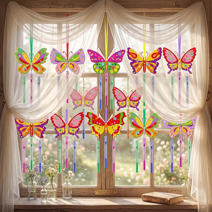 JellyArch 30 Pack Butterfly Wind Chime Kit, DIY Wooden Craft Paints | Includes Colorful Bells Tubes Stickers Brushes, Spring Butterfly Crafts Activity for Adults Birthday Party Decoration