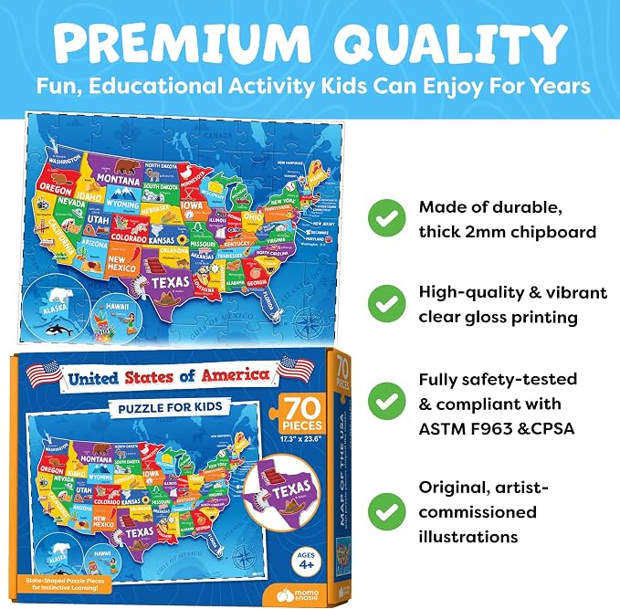 United States Puzzles for Kids Ages 4-6, 6-8 - Educational Toys for Boys & Girls - 70Pcs USA Map Kids Puzzles with 50 States & Capitals - Floor Jigsaw Kids Puzzle - Learning Activities Gifts