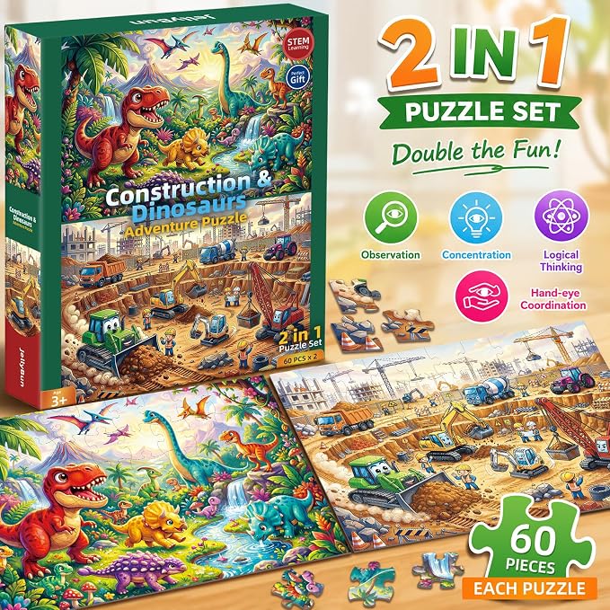 2-Pack Puzzles for Kids Ages 4-6, 60-Piece Puzzles for Kids Ages 6-8, Educational Puzzles for Boys and Girls (Dinosaurs & Construction) | 2-in-1 Dinosaur & Construction Set | Educational Puzzles for Ages 6-8, , Age-Appropriate Learning Toys, Ages 3+