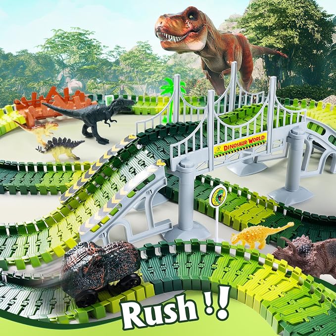 268 PCS Race Tracks Dinosaur Toys for Kids 3-5, Flexible DIY Track Set | Glow in The Dark Magic Toy Set, 2 Dinosaur Cars Track, Birthday Gift for Age 3-9 Boys Toddler Girls