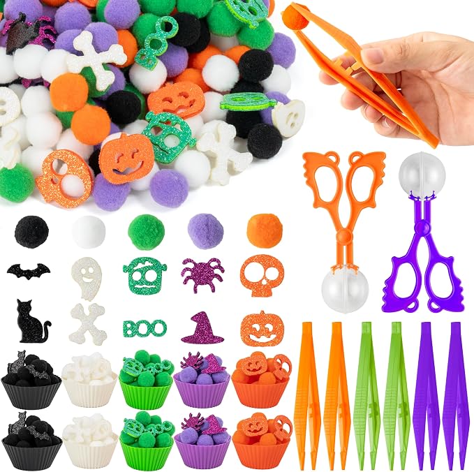 EZdhuawuse Halloween Sensory Bin Fillers - 269P Halloween Fine Motor Toys Sorting Stacking Toys for Kids, Glitter Felt Pumpkin Black Cat Hat Pom Poms for Preschool Education Early Development Activity