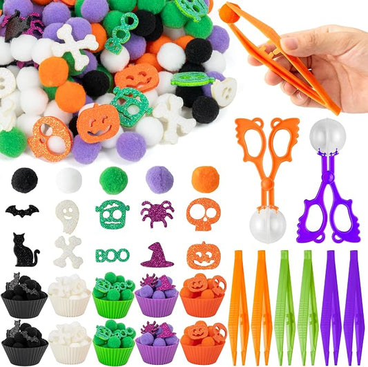 EZdhuawuse Halloween Sensory Bin Fillers - 269P Halloween Fine Motor Toys Sorting Stacking Toys for Kids, Glitter Felt Pumpkin Black Cat Hat Pom Poms for Preschool Education Early Development Activity