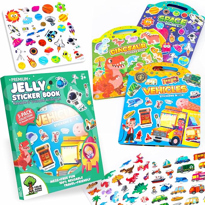 Premium Reusable Jelly Sticker Book Set for Toddlers & Kids – Dinosaur, Space & Vehicles 3-Pack Collection | Washable Silicone Stickers | Screen-Free Travel Activity | Mess-Free Toy