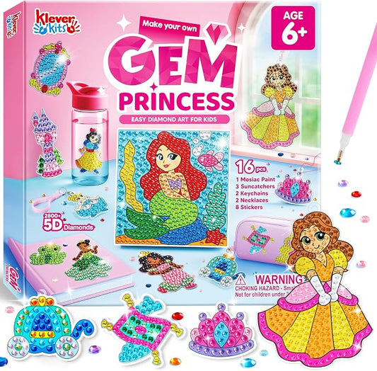 Klever Kits 16 Projects Gem Princess for Kids, Make Your Own Diamond Gem Painting Kit, Arts and Crafts for Girls Ages 6-12, Gem Craft Activities Kits, Premium Art Gift Ideas for Girls Ages 6, 7, 8+