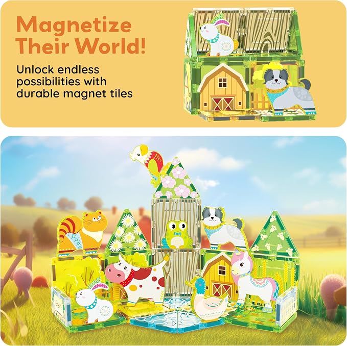 PicassoTiles 26 Piece Magnetic Tiles, Fall Farm Set with 8 Animals, Ages 3+ | 18 printed autumnal designs, rabbit, duck, parrot, frog, unicorn, cat, cow, dog, BPA-free, full-size compatibility, STEM play