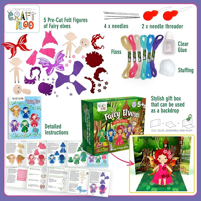 Fairy Elves Sewing Kit for Kids Ages 7-12 - Rainbow Garden Felt Craft