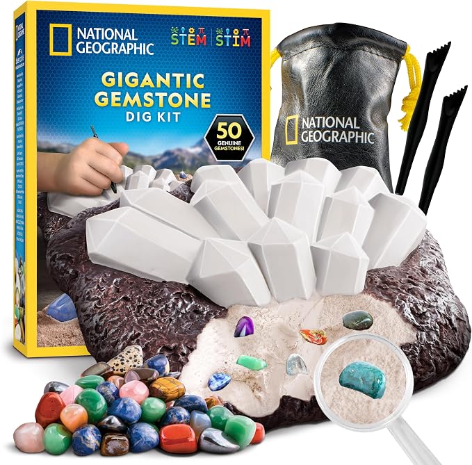 National Geographic Gigantic Gemstone Dig Kit with 50 Real Gemstones | Giant Dig Brick, Amethyst, Quartz & Tiger's Eye, Gem Mining Activity, Excavation Tools, Magnifying Glass, Birthday Gift