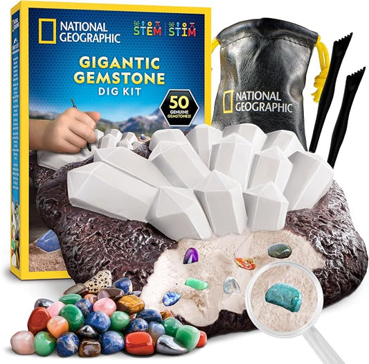 National Geographic Gigantic Gemstone Dig Kit with 50 Real Gemstones | Giant Dig Brick, Amethyst, Quartz & Tiger's Eye, Gem Mining Activity, Excavation Tools, Magnifying Glass, Birthday Gift