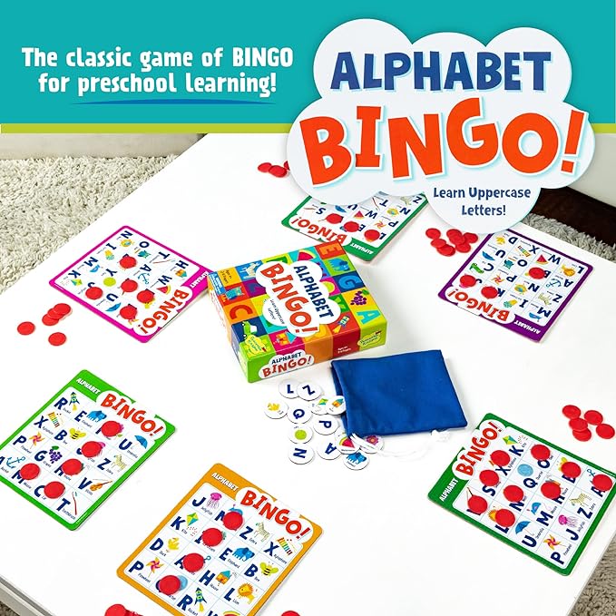Peaceable Kingdom Alphabet Bingo! Letter Learning Educational Board Game for 2 to 6 Kids Ages 4+ | Teach letters and sounds with a bingo twist—6 boards, 26 letter tokens and 72 chips. Educational fun for ages 4+