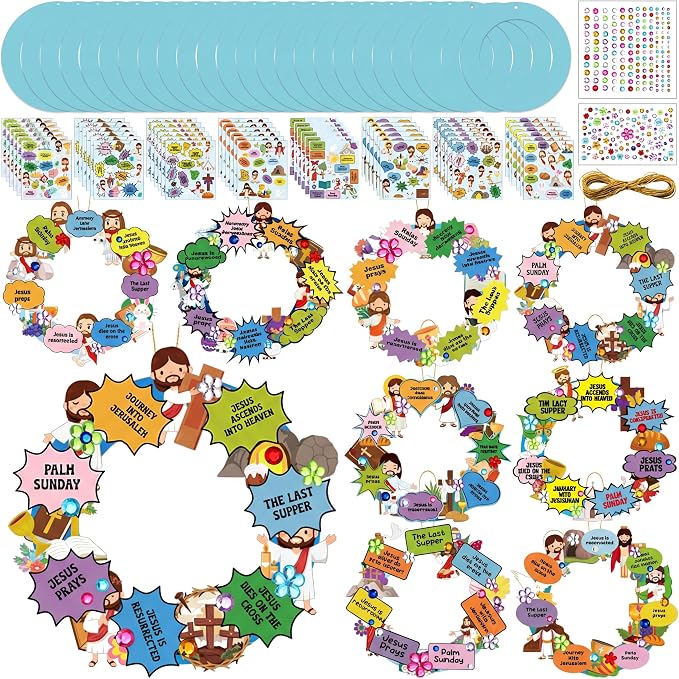 Hollowfly 48 Sets Christian Easter Wreath Craft Kit for Sunday School | 8 Jesus-Themed Designs with Cross, Donkey and Empty Tomb, Bible Stickers for Church and VBS Activities
