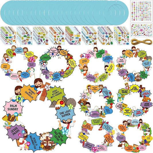 Hollowfly 48 Sets Christian Easter Wreath Craft Kit for Sunday School | 8 Jesus-Themed Designs with Cross, Donkey and Empty Tomb, Bible Stickers for Church and VBS Activities