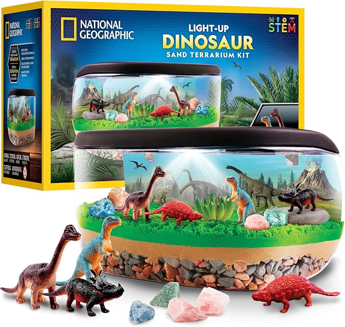 National Geographic Light-Up Dinosaur Terrarium Science Kit for Kids | Multicolor Light, Play Sand, Real Gemstones and Dino Figures, Prehistoric Habitat, DIY Science Activity, Birthday Gift