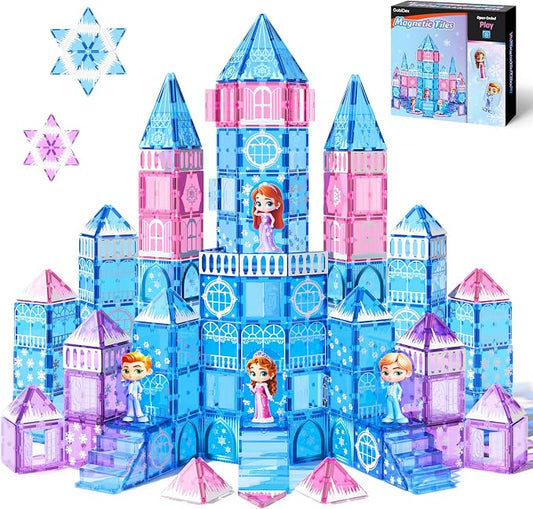 GobiDex 100PCS Magnetic Tiles Princess Castle Building Set with 4 Dolls | Princess Magnetic Blocks Building Toys for Kids Ages 4-8, Colorful Magnetic STEM Toys, 3 4 5 6 Year Old Girl Birthday Gifts