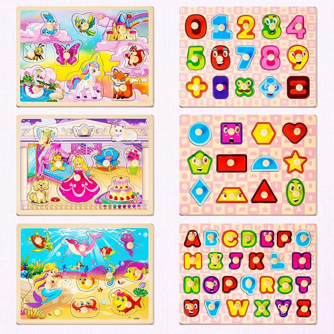 SYNARRY Wooden Puzzles for Toddlers 1-3, 6XSET Toddlers Puzzles Ages 1-3 with Rack, Learning Alphabet Number Shape Unicorn Princess Mermaid Animal, Gifts Toys for Girls Ages 2-4