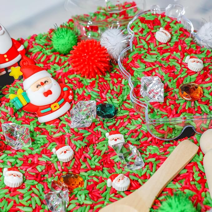 Christmas Sensory Bin Kit for Kids | Christmas Theme Red & Green Rice, Xmas Accessories, Santa Claus & Wooden Tools – Includes Clear Storage Bin