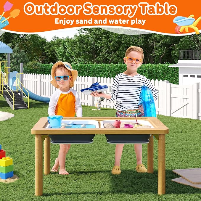 FUNLIO Foldable Wooden Sensory Table with 2 Bins & 1 Foldable Chair for Toddlers, Kids Sensory Table with Anti-Warping Plywood Lid, Indoor/Outdoor Play Sand and Water Set, CPC Certified