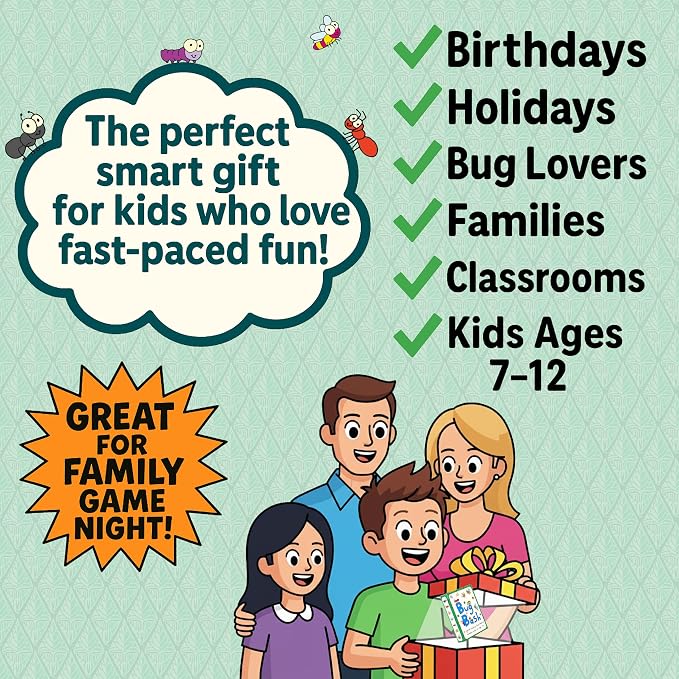 Award-Winning Kids Card Game Ages 7-12 | Fast-Paced Card-Slapping Game | Bug Bash Quick-Counting, Bug-Slapping Card Game Fast, Fun, and Frenetic | Kids Brain Game 2-4 Players | Bug Gifts