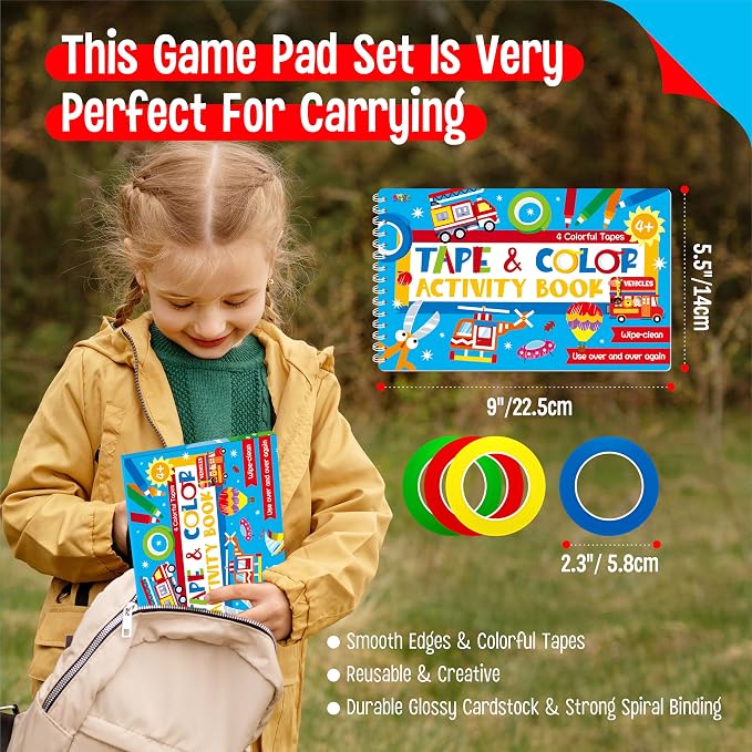 SpriteGru Tape Activity Book, 30 Dry Erase Vehicle Patterns and 4 Colorful Tapes, Reusable & Erasable Pages and Easy-Tear Tapes, Fun and Creative Game Pad for Road Trip, Travel, At Home