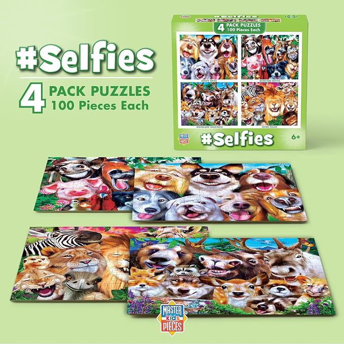 MasterPieces – Jigsaw Puzzle Set for Kids 6+ Years, 4-Pack of 100 Pieces, Educational and Fun Game, Silly Animals Collection, Gift Idea for Children, 8" x 10" | 4 pack 100 piece puzzles for kids ages 6+ with silly animal art, thick pieces, matte finish...
