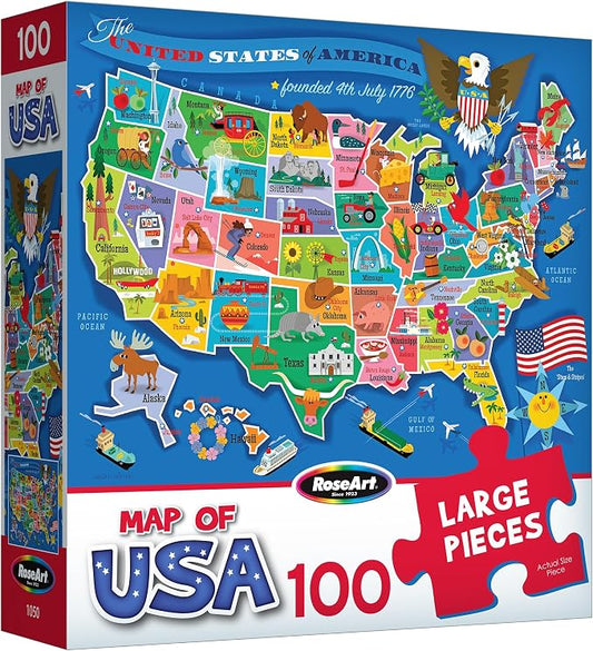 RoseArt Map of USA Puzzle for Kids – 100 Large Pieces, 24" x 18" – Educational United States Puzzle with Fun State Illustrations – Made in USA – Learning Toy for Ages 6+
