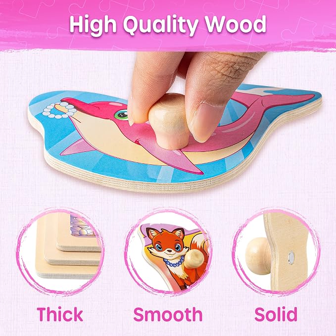 SYNARRY Wooden Puzzles for Toddlers 1-3, 6XSET Toddlers Puzzles Ages 1-3 with Rack, Learning Alphabet Number Shape Unicorn Princess Mermaid Animal, Gifts Toys for Girls Ages 2-4