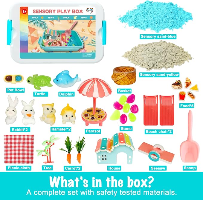 Carolart Hamster Sensory Bin, Animal Play Set, Sand Box with Glow Stones | Rabbit and hamster pretend play sandbox, sensory sand activity, pet habitat toy, gift for kids ages 3-8