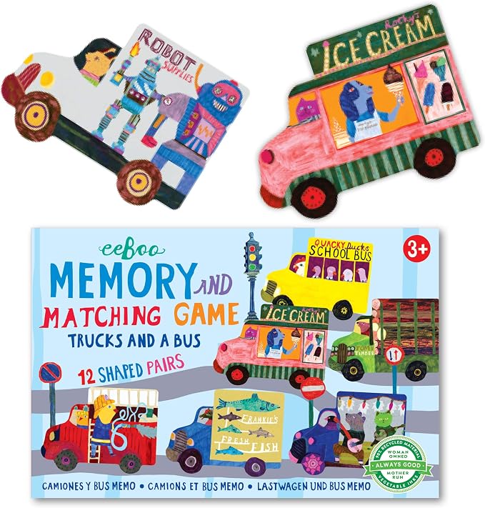 eeBoo Little Trucks and a Bus Memory & Matching Game, Ages 3+, 1-4 Players | Introduces trucks & buses. Sharpens recognition, concentration & memory skills. Includes 24 vehicle tiles, 12 pairs