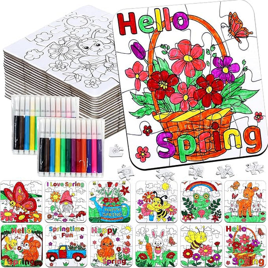 24Pcs Spring Arts and Crafts for Kids & Adults Bulk, Spring DIY Craft Puzzle Kit with Flower Butterfly Bee Bunny, Easter Activities Jigsaw for Classroom Party Favors April Gift Break Projects Supplies