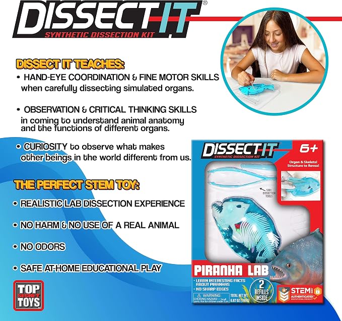 Dissect-It, Piranha Dissection Kit, STEM Toys for Kids, Ages 6+ | Piranha Anatomy, Examine Realistic Organs & Complete Skeleton, Then Rebuild with 2 Gel Refill Packs for STEM Learning