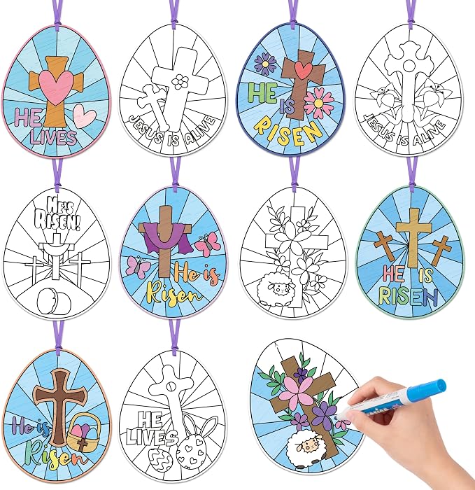 ANGOLIO Easter Color Your Own Egg Ornaments Kit for Kids 83Pcs Christian Religious DIY Coloring Craft Kit Cross He is Risen Jesus is Alike Card Sunday School Classroom Church Party Art Craft Project
