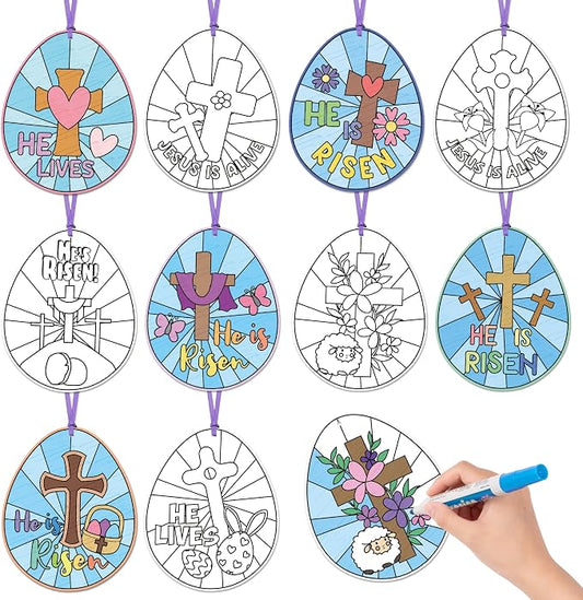 ANGOLIO Easter Color Your Own Egg Ornaments Kit for Kids 83Pcs Christian Religious DIY Coloring Craft Kit Cross He is Risen Jesus is Alike Card Sunday School Classroom Church Party Art Craft Project