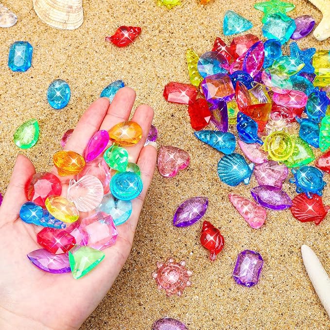 150 Pcs Diving Gems Pool Toys Acrylic Diamond Pirate Treasure | Colorful Plastic Gemstones, Fake Jewels with Burlap Bag, Vase Filler, Summer Mermaid Bath Toys, Beach Underwater Party Games
