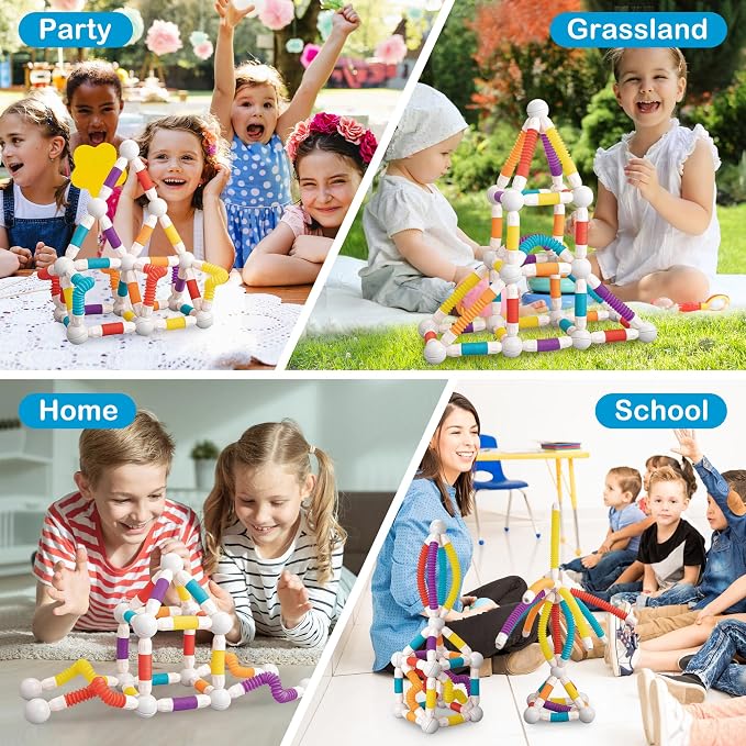 ROUSKY Magnetic Building Blocks Construction Set, 66 Pieces, Educational STEM Toy with Flexible Tubes and Connectors (66PCS)