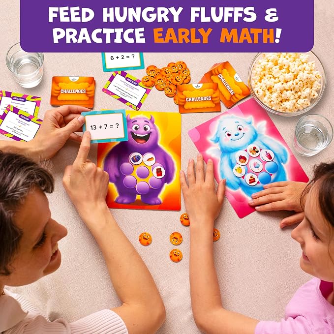 Feed the Fluffs Math Game for Kids 5-7, Addition & Subtraction Learning | Early addition & subtraction practice for kids ages 5 6 7, family, school, homeschool, educational gift, board & card game