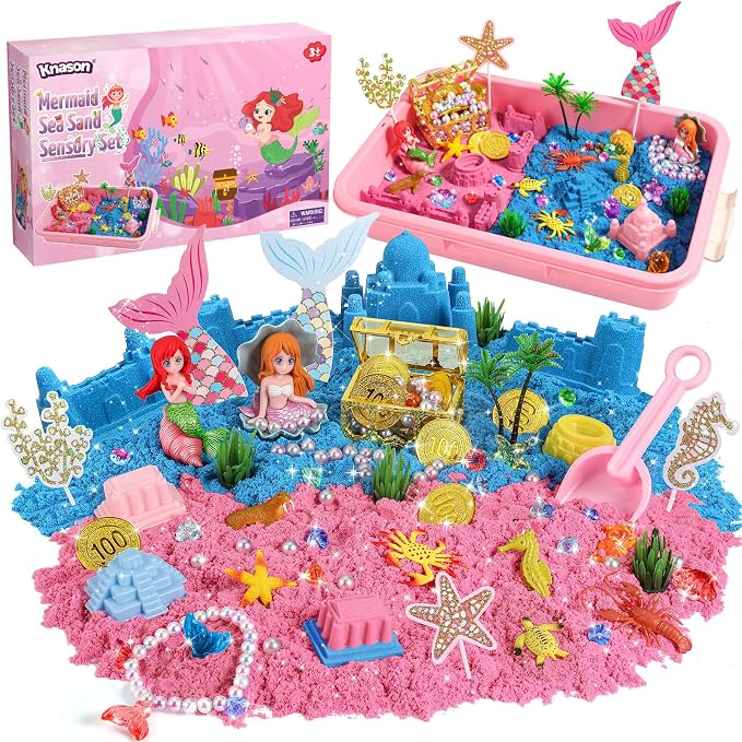 KNASON Mermaid Sensory Bin, Play Sand Kit for Girls and Boys Ages 3 4 5 6 7 | Mermaid Toys, 2.2lbs Sensory Play Colored Sand, Sandbox with Lid, Treasure Chest with Gems, Gift for Kids Ages 3 4 5 6 7 8