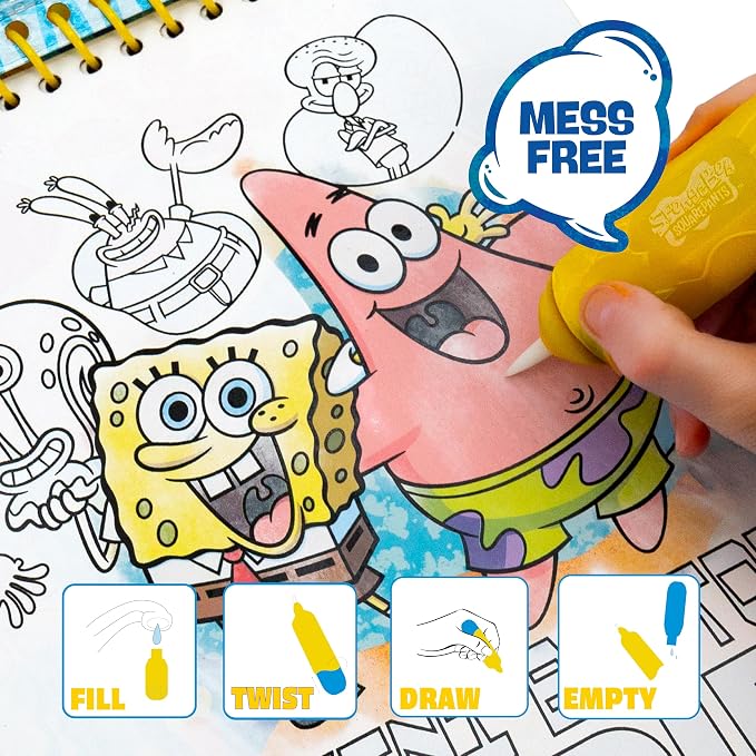 Spongebob Aqua Art, Mess-Free Water Reveal Coloring Book with Pen, No Mess Travel Activity Pad for Kids & Toddlers, Reusable Water Art Set, Preschool On-The-Go Toy, Mess Free Coloring for Toddlers