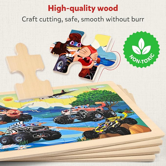 SYNARRY Large Wooden Monster Truck Puzzles for Kids Ages 4-6, Kids Gifts | Monster Truck Puzzles for Kids Ages 3-5, Birthday Gifts for Boys & Girls, Educational Monster Truck Toys, Screen-Free Play