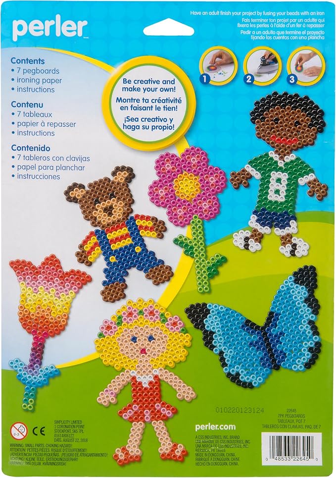 Perler 22645 Fuse Bead Pegboards 7-Pack-Boy/Girl/Bear/Monkey/Butterfly/2 Flowers | Compatible with All Perler Beads | Includes Patterns Boy, Girl, Bear, Monkey, Butterfly, 2 Flowers