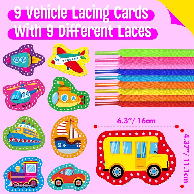 SpriteGru 9 Pieces Kids Lacing Cards, Double Sided Vehicle Sewing Cards with 9 Colorful Laces, Imagination Development Lacing Toys Games for Children Educational and Learning Activity
