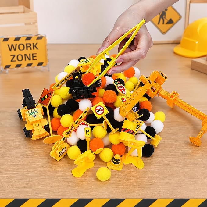 144PCS Construction Sorting and Counting Materials Set, Activity Set, Fine Motor Manipulatives with Vehicle and Road Sign Pieces for Classroom, Home & Travel Use（Construction）