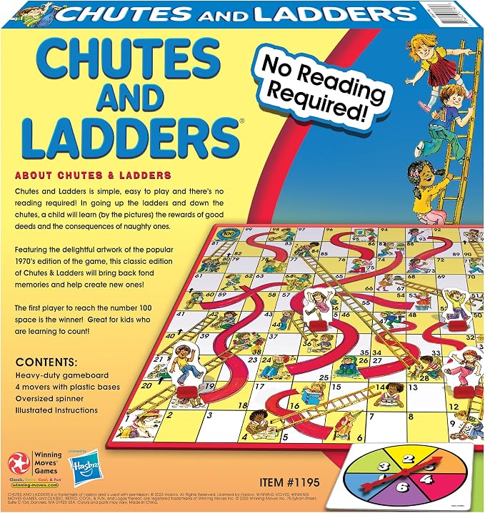 Classic Chutes and Ladders, with 1970's Art, by Winning Moves Games USA | 2-4 Players, Ages 3+