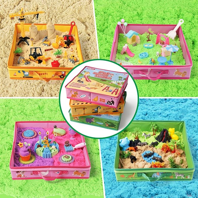 Billeeit. 3 Pack Sand Box Sensory Bins with Zipper Lid & Carry Handle | 15 Inch Printed Foldable Portable Stackable Sand Play Storage Bins for Kids 3+ Indoor & Outdoor Toy