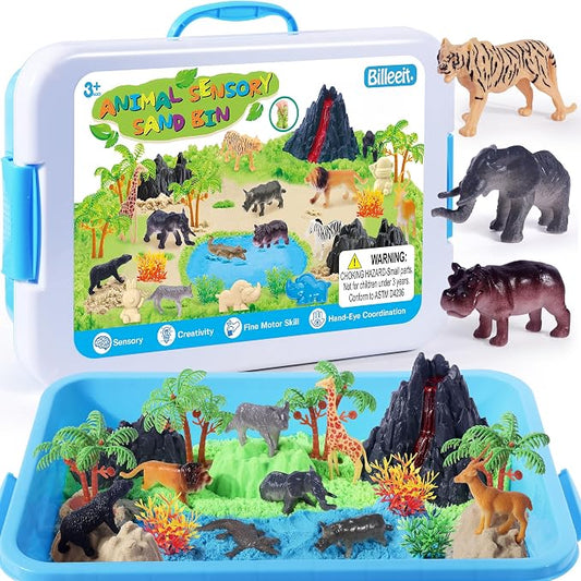 Billeeit. Animal Sensory Bin Sand Toy | Play Sand Kit w/lid and 2.2lbs Moldable Sensory Sand, Molds, Tools, Map Set 30+pcs Total, Fun Gifts for Kids 3+