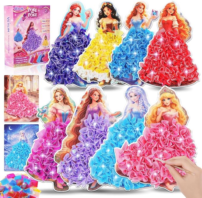 VEYLIN Screen-Free Poke and Poke Art Kit for Girls Ages 4-8, 8 Princess Designs with 1100 Fabric Squares, Mess-Free DIY Arts and Crafts, Travel Activity Birthday Gifts for Kids