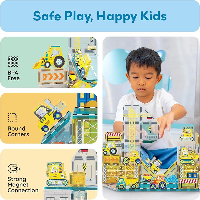 PicassoTiles Magnet Tiles Magnetic Building Blocks with 8 Construction Vehicles Crank Truck Excavator Bulldozer Road Roller Concrete Mixer Tractor Dump Truck Forklift Toys Learning Kids Ages 3+ PTQ11 | 8 trucks, crane, excavator, bulldozer, dump, road ...