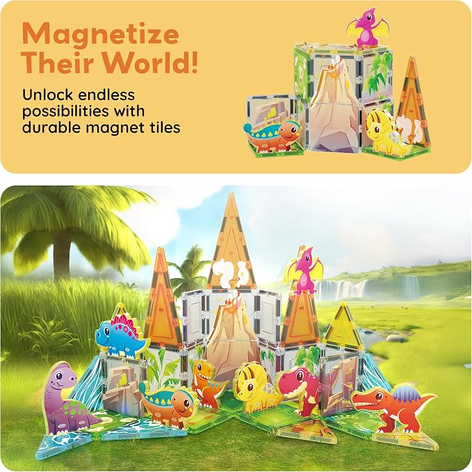 PicassoTiles Dinosaur Magnetic Tiles, STEM Building Blocks Toy Set Ages 3+ | 38 pieces, 8 action figures, vibrant Jurassic world, screen-free activity, color shape recognition, durable BPA-free plastic