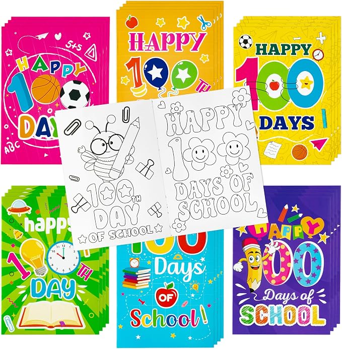 24Pcs 100th Day of School Coloring Books Happy 100 Days DIY Color-in Pages Pencil Book Clock Cute Patterns Drawing Booklet Classroom Reward Art Activity Gifts Party Favors Supplies for Kids